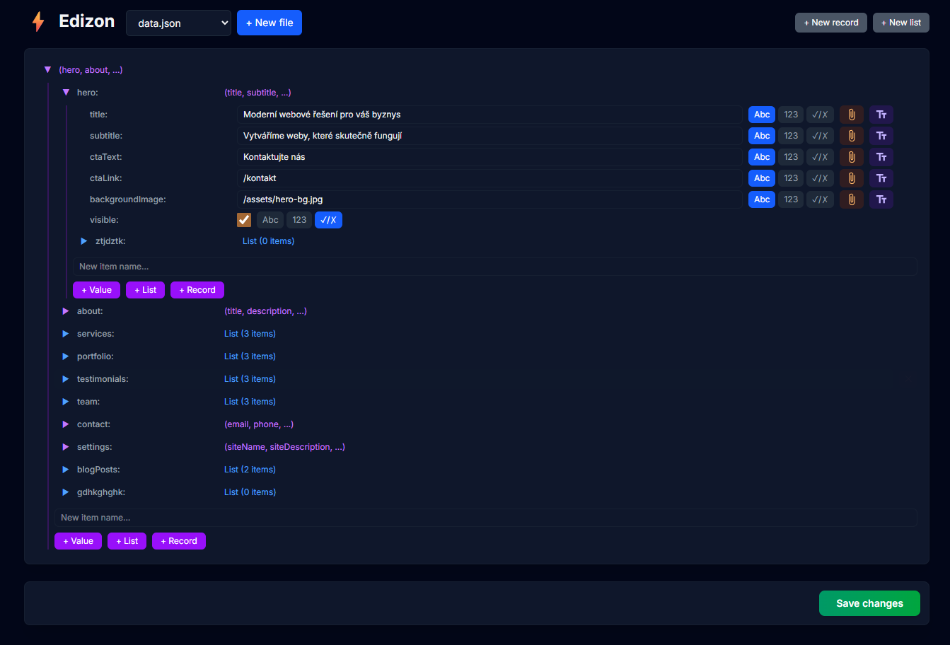 Hlavní editační rozhraní Edizon